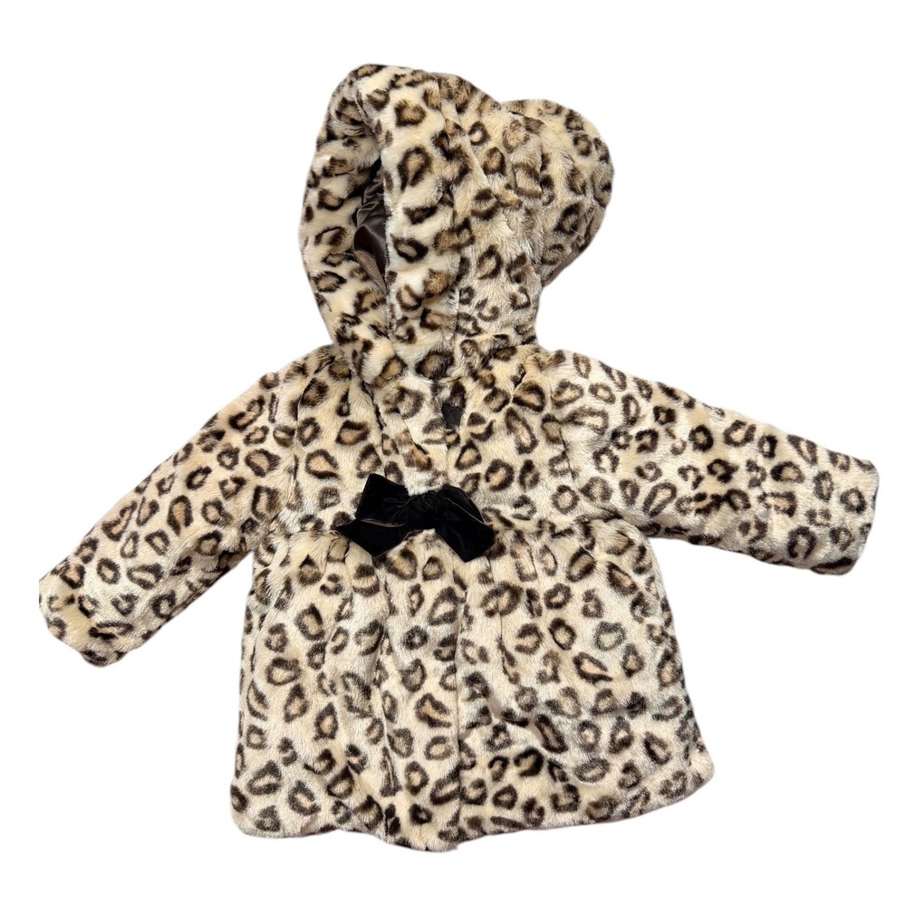 Pistachio Faux Fur Coat Girls 24M/2T Tan Leopard Print Hooded Velvet Bow Jacket